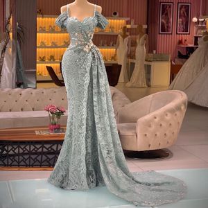 2022 Lace Mermaid Evening Dress Spaghetti Straps Sequin Prom Gowns Slim Long Second Reception Dresses
