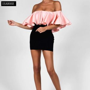 ISAROSE Women Velvet Bodycon Dress Pink Silk Pleated Cloak Sleeve Slim Night Club Party Back Zipper Solid Color Short Dresses 210422