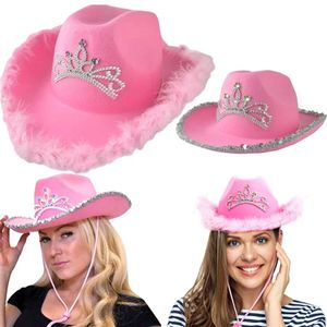 Rosa Tiara Western-Stil Cowgirl-Hüte für Frauen Mädchen gerollte Fedora-Kappen Federrand Strand Cowboyhut Pailletten Western-Party-Kappe