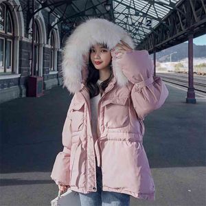 Kvinnor 90% Vit Duck Down Coat Winter Large Natural Raccoon Fur Hooded Jacket Tjock Parka Sash Tie Up Snow Outwear 210430