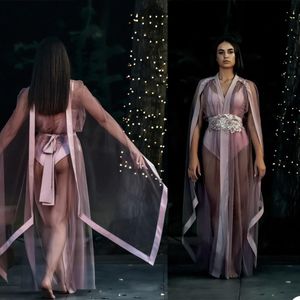 2021 Pink Kimono Women Sleepwear Wraps Shawl Ribbon V Neck Bathrobe Tulle Sheer Nightgown Robe Prom Maternity Dress Photography