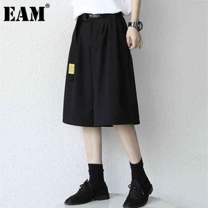 [EAM] Wysoka elastyczna talia czarna szeroka noga plisowane spodnie luźne spodnie fit kobiety moda wiosna lato 1dd7336 210512