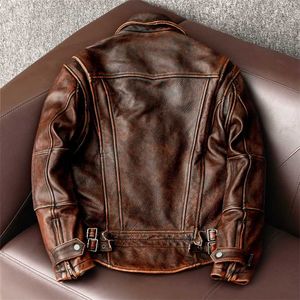 Men Genuine Leather Jacket Vintage Brown 100% Cowhide Coat Man Slim Fashion Biker Clothing Asian Size S-6XL M697 Drop 211008