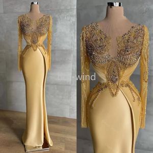 Gold Sereia cetim vestidos de noite apliques mangas compridas Cristais brilhantes cristais de alto partido festas de baile EE