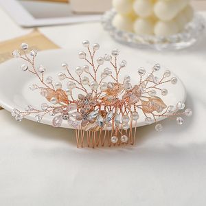 Fashion Wedding Rose Gold Comb Headdress Pearl Rhinestone Hair Accessories Bride Handmade Tiara Ladies Prom Jewelry Clips & Barrettes