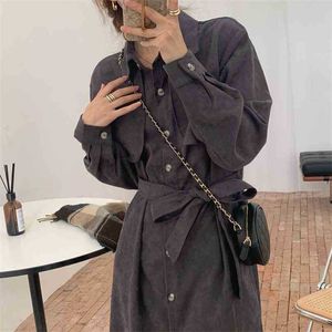 Chic Stylish Korean Solid Corduroy Basic Retro French Arrival Women Belt Elegant Casual Long Dresses 210525