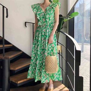 [EWQ] Kobiety Green Print Ruffles Backless Sukienka Nowy V-Neck Latający Bez Rękawów Luźne Fit Fashion Fale Spring Casual 16F0774 210423