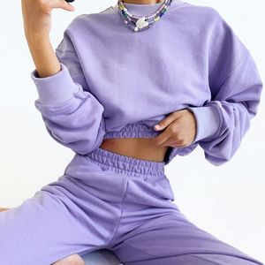 Women's Autumn New Purple Sweater Set Women's Round Neck Long Sleeve Solid Color Top Loose Harlan Ankle-tied Trousers 210422