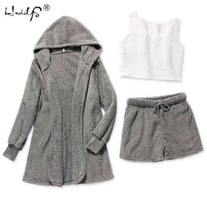 Winter Pajamas Set Women Sleepwear Warm Flannel Long Sleeves Robe Vest Short Pants Pink Cute Homewear Velvet Home Suit 210809