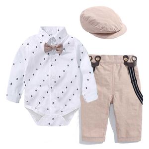 弓帽子紳士の縞模様の夏のスーツの赤ちゃんの男の子のためのロンパーの服のセット弓の幼児子供ボディースーツセット幼児男の子服G1023