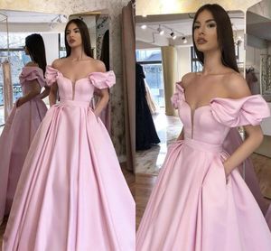 Fashionable Unique Elegant Simple Pink A Line Evening Dresses Long Off Shoulder Pleats Satin Floor Length Short Sleeves Formal Dress Prom Party Gowns