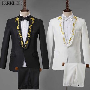 Homens Preto e Branco Ternos para Ouro De Casamento Bordado Elegante Elegante Homens Terno Conjunto de Fase de Prom Fase Mens Ternos com Pant Masculino X0909