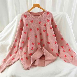 Słodki truskawkowy sweter z dzianiny kobiety śliczne koreański skoczek zima ciepły z długim rękawem luźne obwolone swetry pull femme 210514
