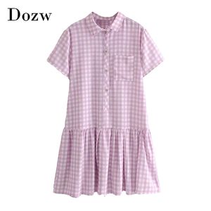 Sweet Loose Plaid Shirt Dress Women Short Sleeve Pleated Mini Summer Turn Down Collar Office Ladies Casual es 210515