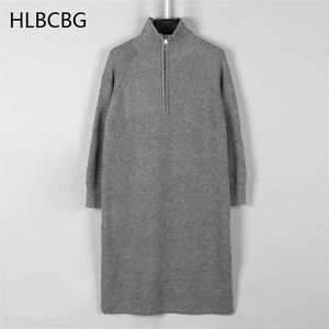 HLBCBG Long Knit Sweater Dress For Women Autumn Winter Thick Warm Long Maxi Dress Elegant Zipper Robe Femme Vestidos 211206