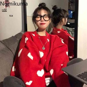Nomikuma Jesień Zima Kobiety Sweter Koreański Miłość Serce Dzianiny Pullover Topy Przyczynowe Z Długim Rękawem O-Neck Pull Femme B037 210812