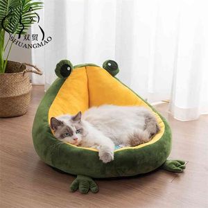 Shuangmao 애완 동물 고양이 강아지 침대 집 고양이 실내 따뜻한 개구리 작은 개 수면 매트 새끼 고양이 개집 침대 귀여운 둥지 소프트 소모품 210722