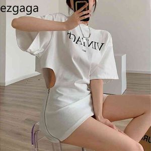 Ezgaga Streetwear Seksi Bodycon Elbise Kadın Mektup Baskılı Fermuar Oymak Gevşek Tüm Maç Ultrashort Elbise Nedensel Vestidos 210430
