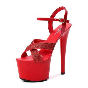 모델 극 댄스 15 17 cm 크로스 슈퍼 하이힐 샌들 여성 플랫폼 나이트 클럽 워킹 쇼 T 무대 공연 Stiletto Shoes Y0608