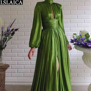 Elegant Party Sexy Dress Turtleneck Green Slim Big Swing Maxi Long Sleeve Evening Clubwear Women Draped Robe Longue 210515
