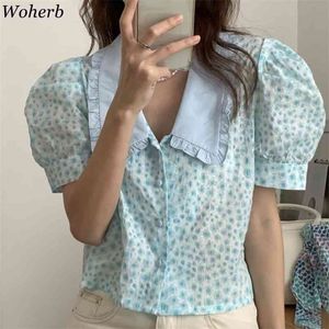 Floral Print Elegante Frauen Blusen Shirts Peter Pan Kragen Kurze Puff Sleeve Vintage Mode Tops Blusas Mujer 210519