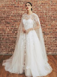 Rustic Country A Line Wedding Dress With Cape Wrap Lace Appliqued Long Tulle Bridal Gowns Strapless Sweetheart Garden Wedding Dresses 2022