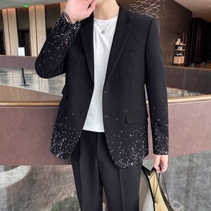 Korean Style Printed Suit Men's Wedding Casual Suit Trendy Two-piece Set Fashion Business Dress (Blazers Pant) Terno Masculino 210527