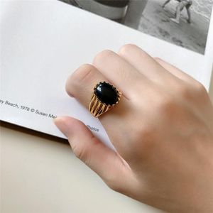 Cluster Ringe POFUNUO Echt 925 Sterling Silber Französisch Stil Frauen Punk Schwarz Achat Nische Weiblich 18 Karat vergoldet Onyx Cool