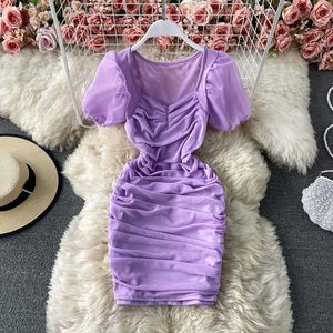 Purple/Brown/White Sexy Mesh Draped Bodycon Dress Women Elegant Square Collar Short Puff Sleeve Pleated Vestidos Female Summer Y0603