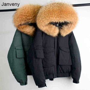 Janveny Huge Real Raccoon Fur Collar Hooded Winter Down Coat Women Short 90% White Duck Down Jacket Loose Warm Female Parkas 211130