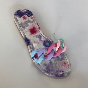 Sexy Kobiety Drukowanie Kwiaty Kapcie Lato Czarny Otwórz Toe Łańcuch Slajdy Płaski Sandal Moda Rainbow Flip Flops Outdoor Beach Casual Buty EU35-43 011