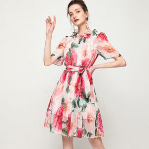 Women's Runway Dresses Ruffled Collar Short Sleeves Floral Printed Sash Belt Fashion A Line Dress Vestidos