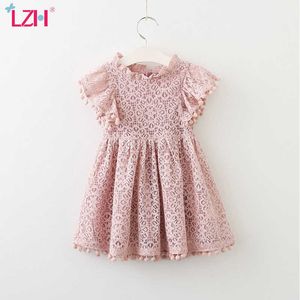 LZH 2021 Moda Hollow Lace Księżniczka Sukienka Dla Dziewczyn Solidna Kolor Dziewczynka Ubrania 3-7 Rok Letnie Dzieci Odzież Nowa Spódnica Q0716