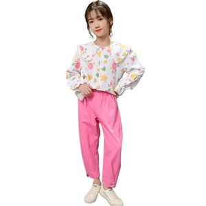 Подросток девушки одежда цветочная блузка + брюки трексуиты для est одежда весна осень детей 210528