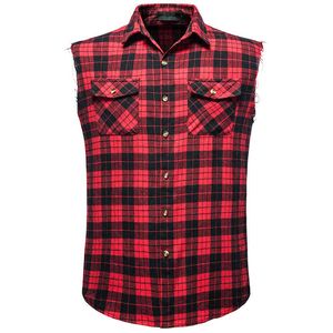 Red Plaid Shirts Men Summer Brand Casual Sleeveless Mens Shirt Double Cowboy Pocket Camisas Breathable Oversize Vest 210524