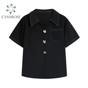 Женские летние черные раздражительные кнопки декоративные блузки уличные повседневные V шеи рубашка стильный просто стиль одежды 210515