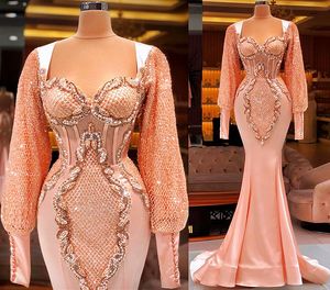 2021 Plus Size Arabisch Aso Ebi Luxuriöse Meerjungfrau Sexy Ballkleider Spitze Perlen Lange Ärmel Abend Formale Party Zweite Empfangskleider Kleid ZJ934