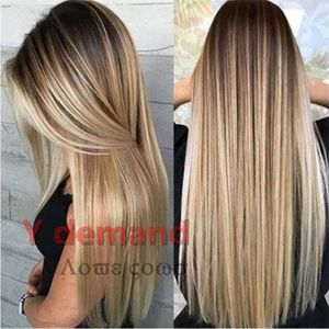 Blond Ombre Long Straight Full Like Human Hair Wigs for Black Women Brazilian hair Fashion Beautyfactory direct