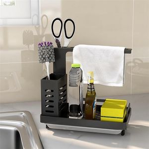 Kitchen Sink Shelf Soap Sponge Drain Rack Storage Organizer Caddy With Pan Wall Mounted Stainless Steel Holder Dropship 211112