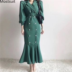 Koreanska vintage dubbelbröst långdräkt klänning kvinnor puff ärm notched krage bälted sjöjungfru klänningar vestido mujer våren 210513