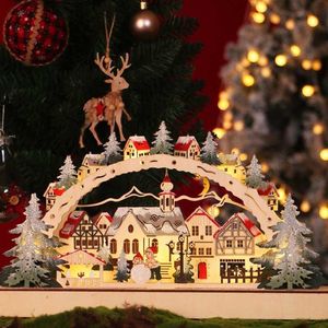 Christmas Desktop Wooden Ornaments LED Light Luminous Xmas Village Home Decoration P0828