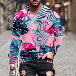 2021 special offer green linen flamingo leaf 3D DIGITAL printing capless round neck long-sleeved T-shirt for men and women