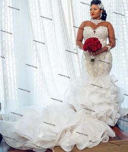 Luxury Plus Size African Wedding Dresses Arabic Aso Ebi Crystal Beaded Illusion Long Sleeve Ruffles Cathedral Train Bridal Dress