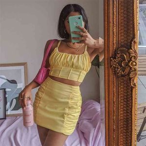 Cotton Two Pieces Women Dress Suits Strap Ruched Crop Top Bodycon Mini Skirt Yellow 2 Set Outfits for 210427