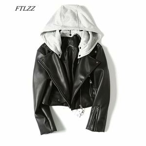 Mulheres Faux Couro Macio Casacos Curtos Com Capuz PU Motocicleta Chapéu Destacável Preto Punk Zipper Casaco Feminino Outerwear 210430