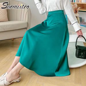 Surmitro Soft Satin Lato Długie Spódnice Kobiety Moda Koreański Styl Elegancka Estetyczna Wysoka Talia Midi Spódnica Kobiet Zielona 210712