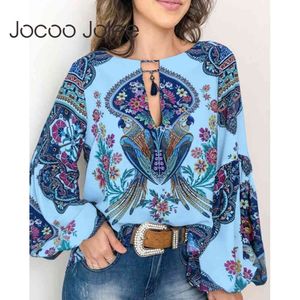Kadınlar Indie Halk Stil Bluz Vintage Flare Uzun Kollu Geometrik Desen Gömlek Boho Rahat Kadın Gevşek Blusas Tops 210428