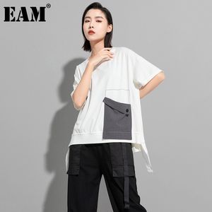 [EAM]女性黒の大きいサイズの格子縞のポケットボタンリボンTシャツラウンドネック半袖ファッションスプリングサマー1DD8089 210512