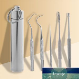 5pcs Stainless Steel Portable Toothpick Oral Care + Toothpick Holder Tool Set