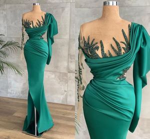 Hunter Green Mermaid Evening Pageant Dresses Beaded Lace Sexy Slit Aso Ebi Long Sleeve Sheer O-Neck Prom Dress Robes